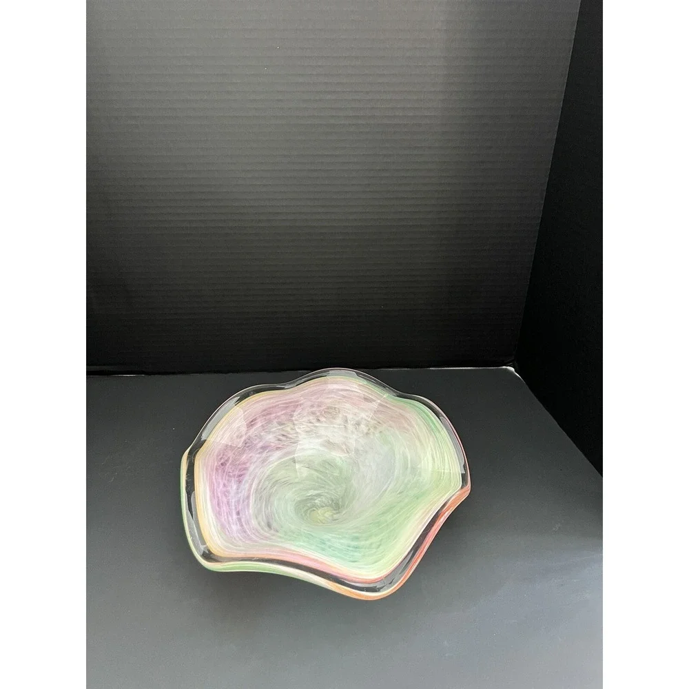 Vtg Mid-Century Murano Style‎ Pink Green Swirled Scalloped Glass Bowl